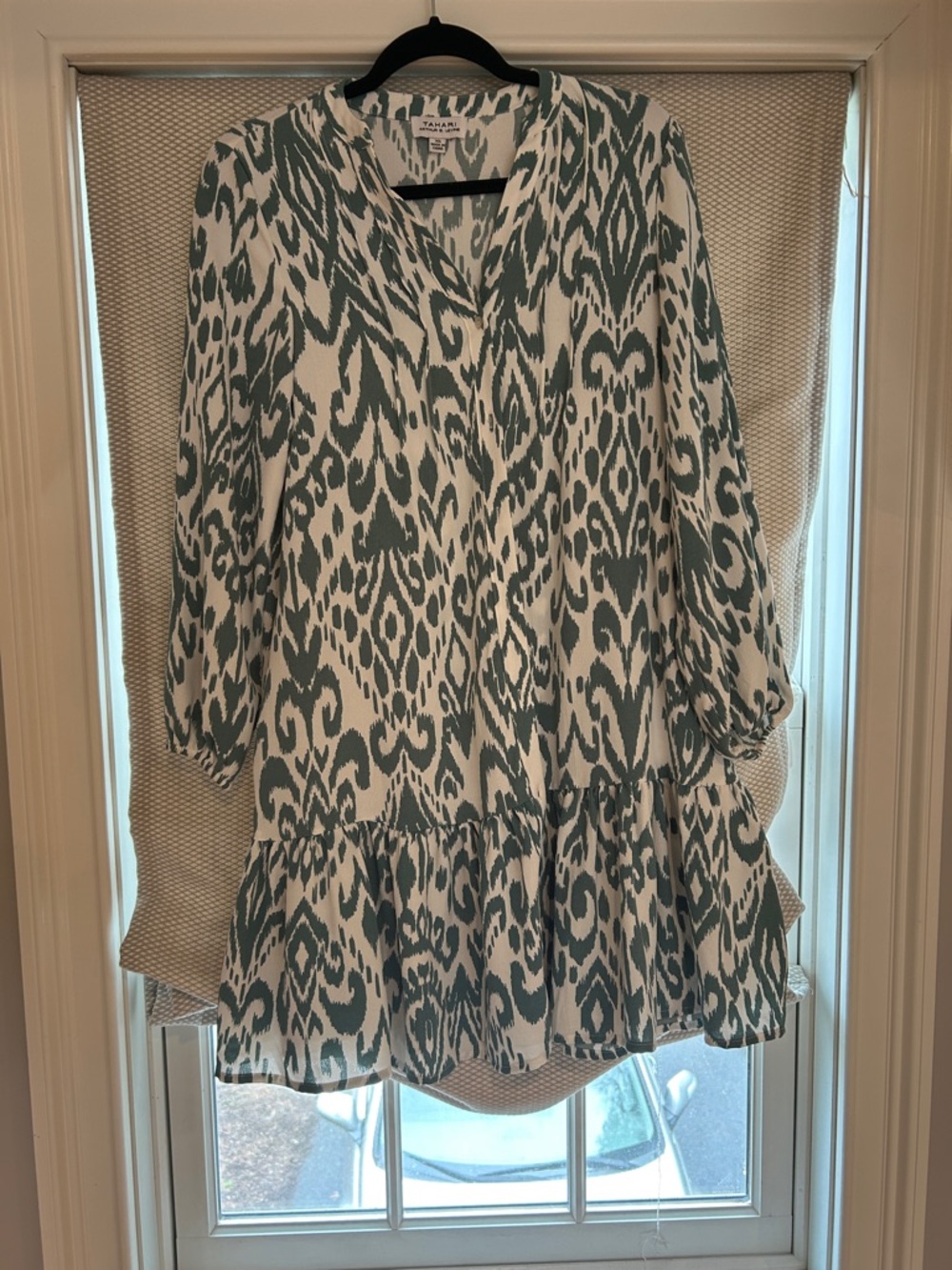 Tahari muted green and white printed V-neck tiered tunic.